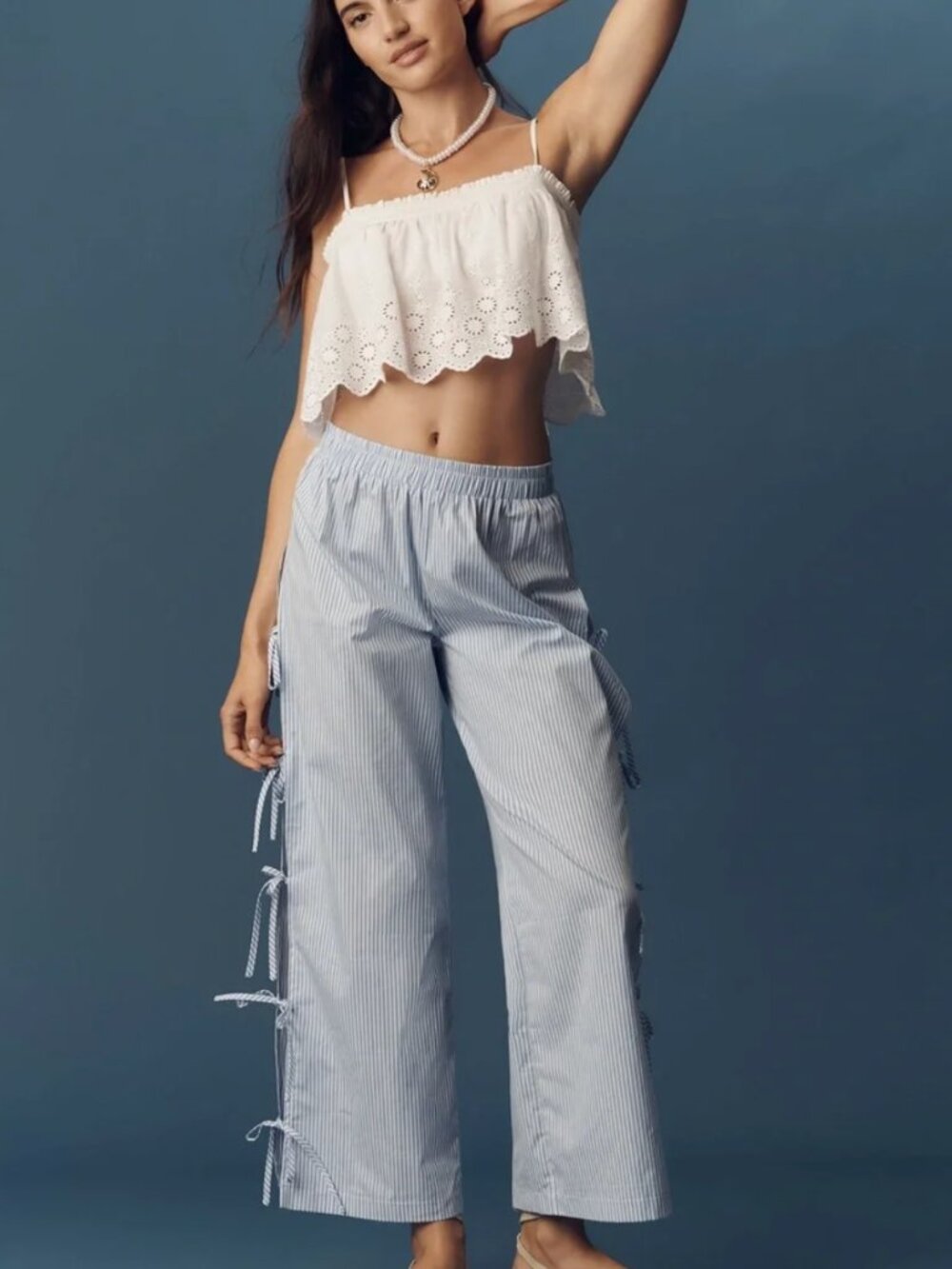 Lisa Says Gah Evelyn Pants Blue White Stripe Bows Lightweight Cotton S $230 - Picture 3 of 8
